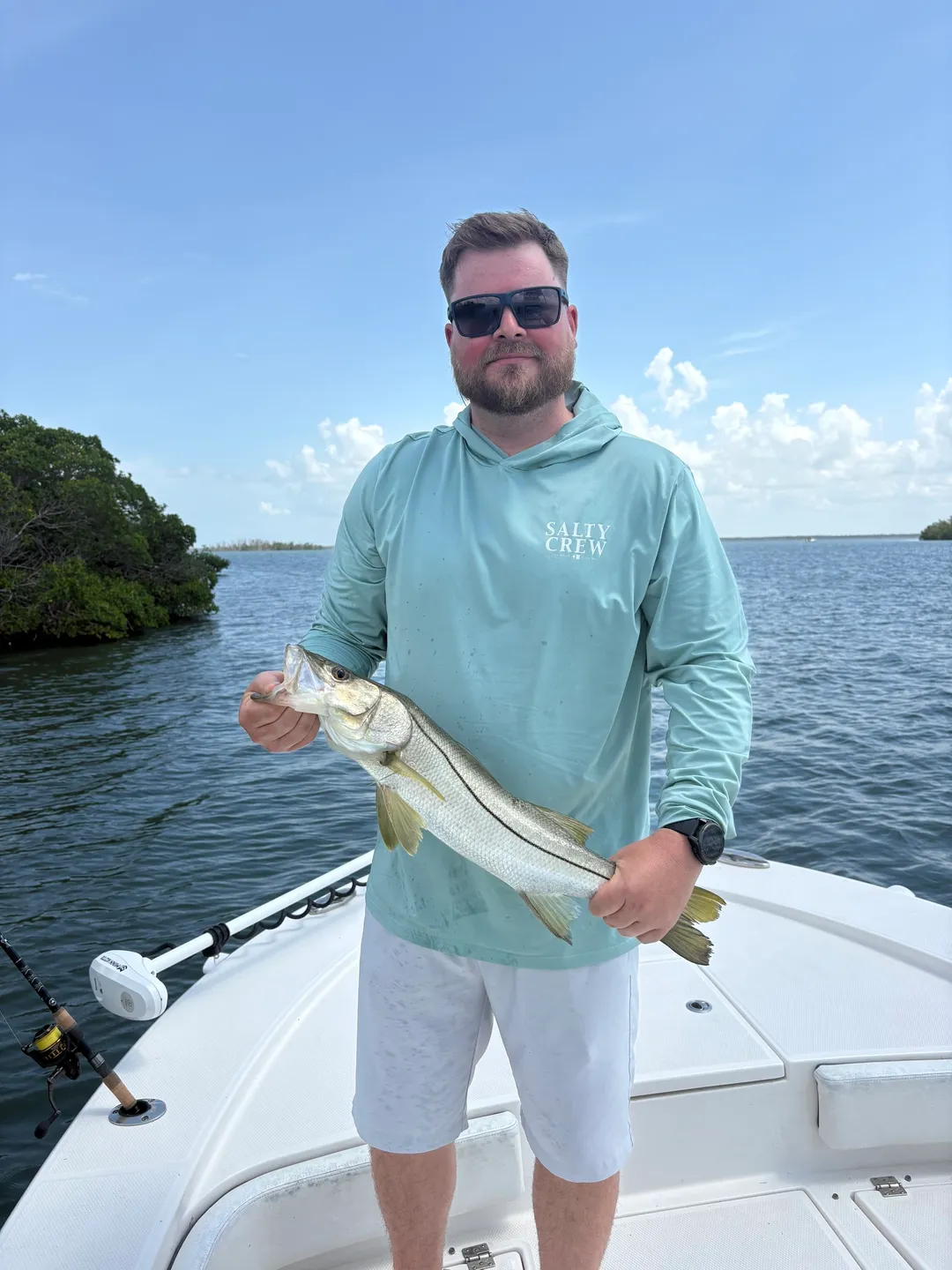 Person displaying catch with blue sky background